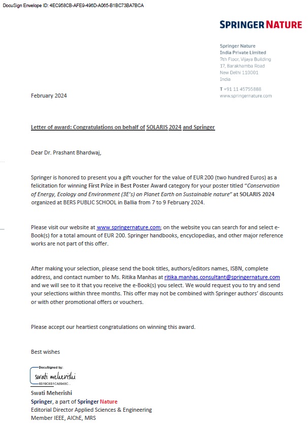 Dr. Prashant Bhardwaj: Grabbed Best Poster Award for poster titled “Conservation of Energy, Ecology and Environments (3E’s) on planet earth on sustainable nature” in international conference SOLARIS-2024.